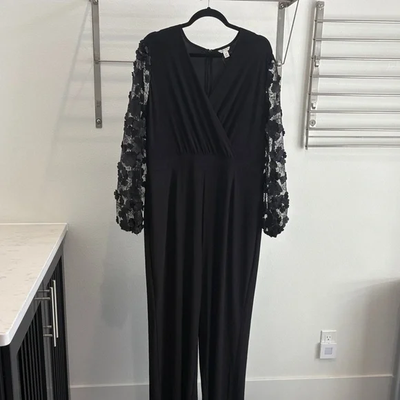 Cato Black Jumpsuit with Lace Floral Sleeves - Picture 1 of 10